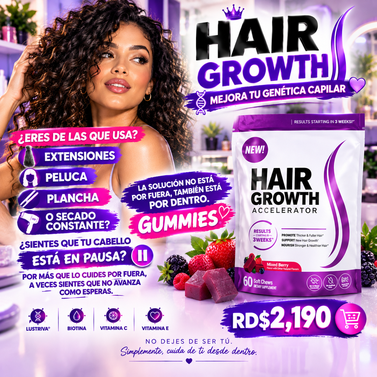 🍇💜🧬 HAIR GROWTH — MEJORA TU GENÉTICA CAPILAR 🧬💜🍇(GUMMIES)